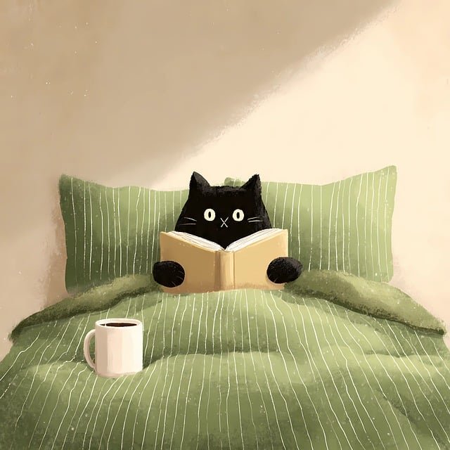 Gato en la cama junto a un libro abierto, transmitiendo tranquilidad y relajación mientras “disfruta” de la lectura.