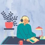 Persona escuchando un audiolibro mientras se relaja, disfrutando de la lectura en formato audio.